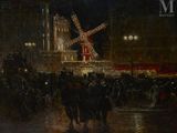tableau représentant une foule de personnes marchant dans une rue, avec un moulin à vent en arrière-plan