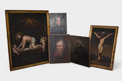 three framed paintings of a man on a crucif and a woman on a cross