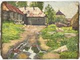 une peinture à l'huile représentant une scène de vie à la ferme traversée par un ruisseau