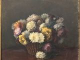 an oil painting of a basket of flowers on a table