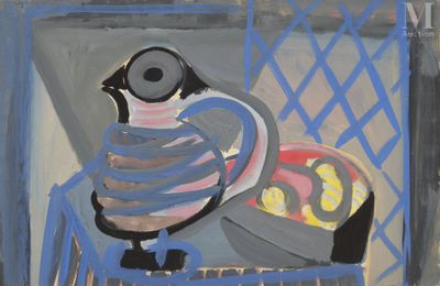 une peinture représentant un vase et un bol sur une table