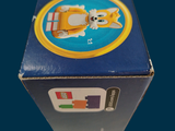 a blue box with a picture of a dog and a train on it