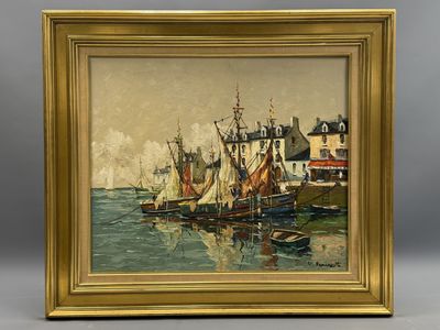 une peinture de bateaux dans un port avec des bâtiments à l'arrière-plan