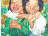 painting of two women hugging each other in front of sunflowers
