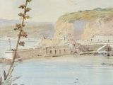 un tableau représentant une vue d'un port avec des bateaux sur l'eau