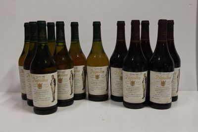 six bottles of wine are lined up in a row on a table