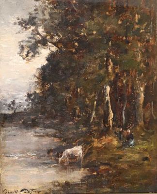 une peinture à l'huile représentant un homme et une vache au bord d'une rivière
