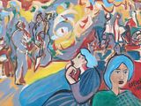 un tableau représentant une femme tenant un téléphone portable devant une foule