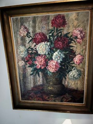 une peinture de fleurs dans un vase sur une table