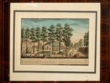 a painting of a view of a park with people sitting on the grass