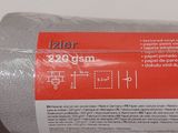 someone is holding a roll of gray fabric on a white surface