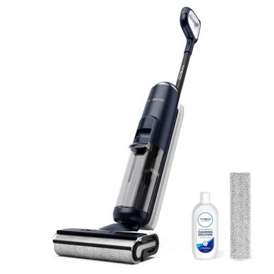 a close up of a vacuum cleaner with a cleaning cloth and a bottle of cleaner