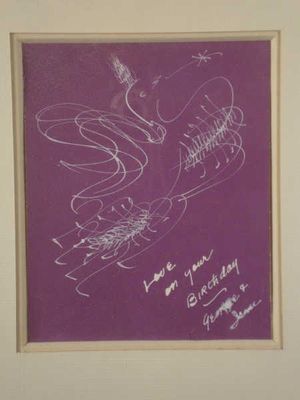painting of a purple background with a drawing of a bird on it