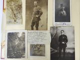 an old photo of a man in a military uniform standing in front of a bunch of old photos
