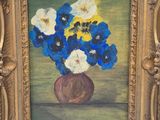 a painting of blue and white flowers in a brown vase