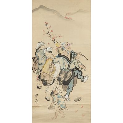 an oriental painting of a man riding a horse with a bird on his back