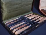 six knives in a box with a case on the table
