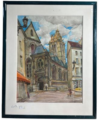 a picture of a painting of a church on the street