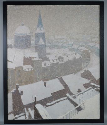 painting of a view of a snowy city with a clock tower in the background