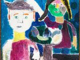 une peinture à l'huile représentant un homme et une femme tenant un chat