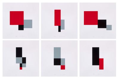 un ensemble de six carrés noirs, rouges et gris sur fond blanc