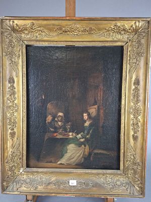 painting of two women sitting at a table in a room with a blue wall