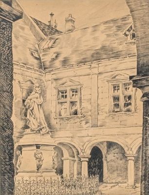 drawing of a building with a statue on the front of it