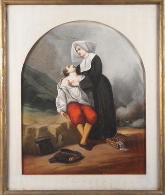 une peinture représentant une femme tenant un enfant dans ses bras