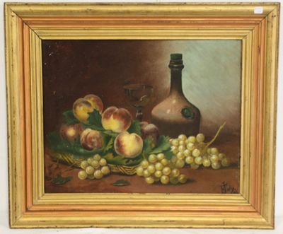 tableau représentant une nature morte composée de pêches, de raisins et d'une bouteille de vin