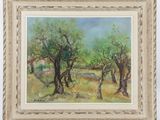 an oil painting of olive trees in a field by a stream