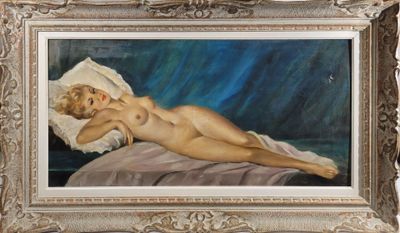an image of a painting of a nude woman laying on a bed