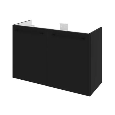 Le meuble noir comporte deux portes et un plateau en verre.