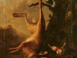 an image of a painting of a dog and a bird in a wooded setting
