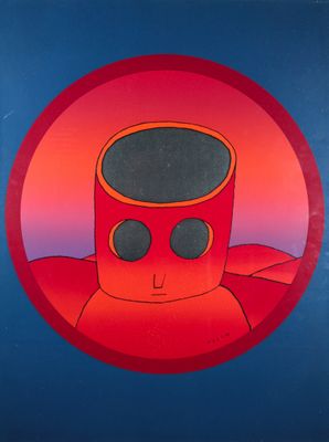 l'image d'un dessin représentant un robot rouge dans un cercle rouge