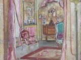 an oil painting of a room with a chair and a table