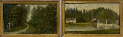 deux tableaux représentant une rivière et une maison dans une forêt