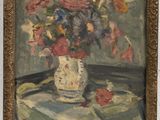 painting of a vase of flowers on a table with a cloth