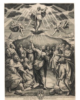 une gravure représentant l'Ascension de Jésus depuis la croix