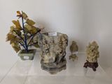 a glass shelf with a vase and some plants on it
