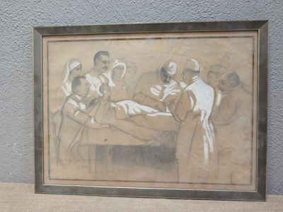painting of a group of people sitting around a man in a bed