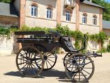une calèche garée devant un grand immeuble