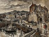 a watercolor painting of people walking on a pier