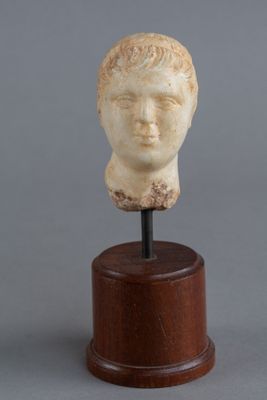 tête de jeune homme en marbre posée sur un socle en bois