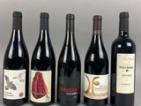 six bouteilles de vin sont alignées sur une surface grise