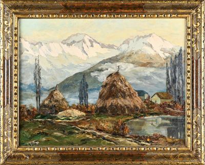 un tableau représentant un paysage de montagne avec des meules de foin au premier plan