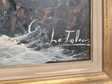 an image of a painting of a boat in the water by a cliff