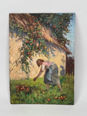 an oil painting of a woman picking apples from a tree