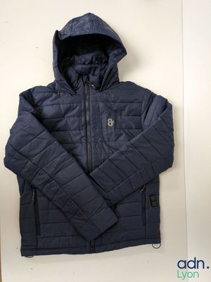 the jacket is blue and has a hood that is attached to it