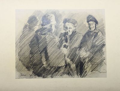 une image représentant un dessin d'un groupe de personnes assises sur un banc