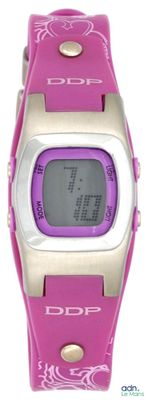 the digital watch is pink and silver with a purple band